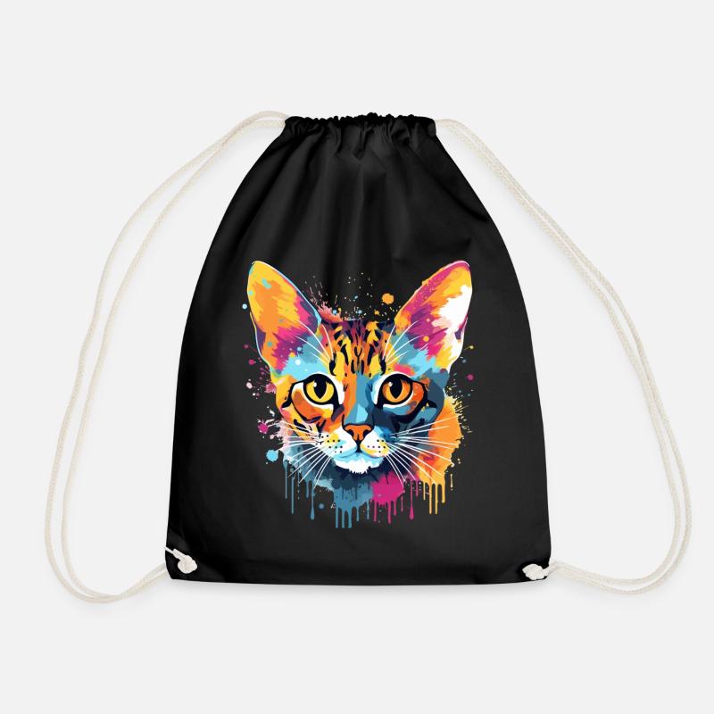 Colorful Bengal Cat Face Splash Art - Drawstring Bag - black