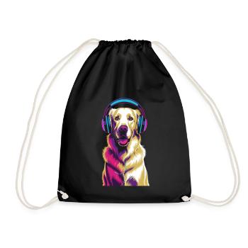 Golden Retriever with Headphones - Drawstring Bag - black - Front