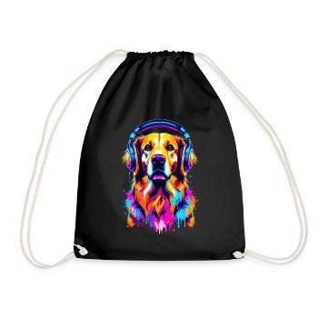 Golden Retriever with Headphones - Drawstring Bag - black - Front