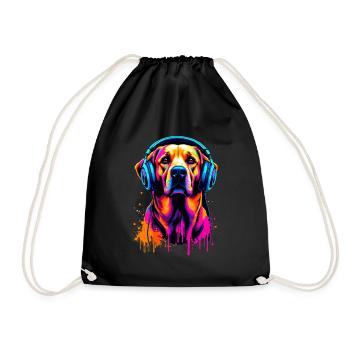 Golden Retriever with Headphones - Drawstring Bag - black - Front