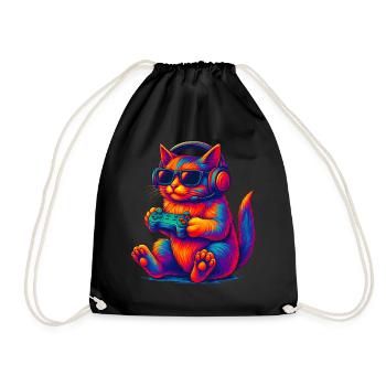 Neon Gaming Katze Zocken Gamer - Turnbeutel - Schwarz - Vorne