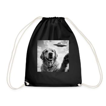 Funny Golden Retriever Dog with UFO Alien - Drawstring Bag - black - Front