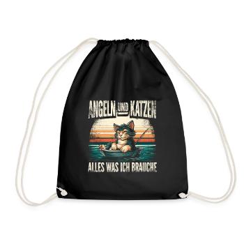 Angeln und Katzen Alles was ich brauche Retro - Turnbeutel - Schwarz - Vorne