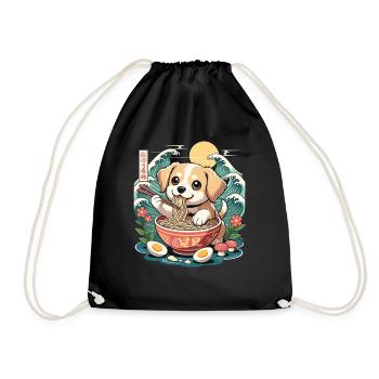 Kawaii Puppy Ramen Waves たのろ稲朔 Sunrise Bowl - Drawstring Bag - black - Front