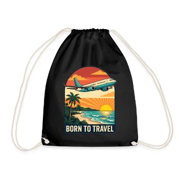 Born to Travel Palm Sea Beach with Air Plane - Drawstring Bag - black - Front