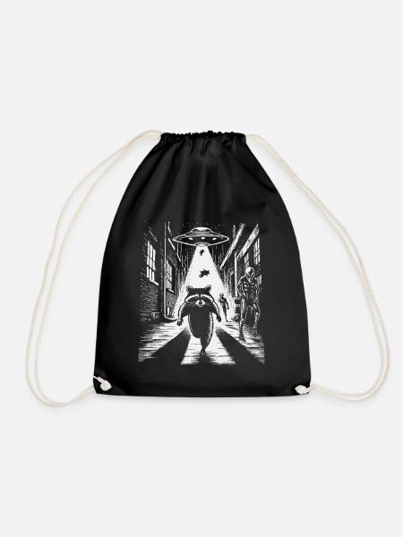UFO raccoon Guardians Rocket in street light - Drawstring Bag - black