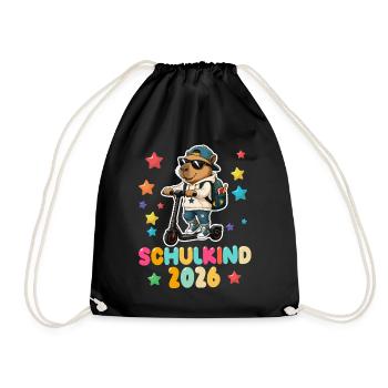 Einschulung Schulkind 2026 Junge Mädchen Cabybara - Turnbeutel - Schwarz - Vorne