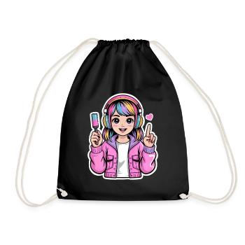Kawaii girl with headphones - Drawstring Bag - black - Front