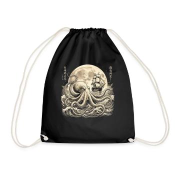Vintage Oktopus unter Vollmond mit Segelschiff - Turnbeutel - Schwarz - Vorne