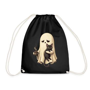 Ghost cat with coffee cup - Drawstring Bag - black - Front