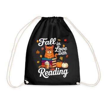 Cat Reading Books Autumn Pumpkin - Book Lover - Drawstring Bag - black - Front