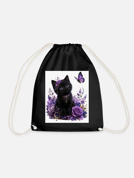 Lila-Schwarze Katze und Blumenschmetterling - Turnbeutel - Schwarz