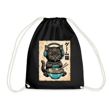 Gamer-Katze mit Ramen und Headset - Turnbeutel - Schwarz - Vorne