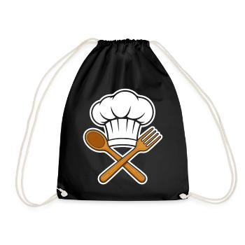 Chefkoch Mütze Kochlöffel Gabel Emblem Cartoon Shi - Turnbeutel - Schwarz - Vorne