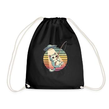 Kosmische Katze UFO-Angeln Retro Sonnenuntergang - Turnbeutel - Schwarz - Vorne