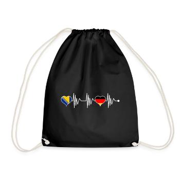 Bosnia Germany Flag Heart Coat of Arms Heartbeat - Drawstring Bag - black - Front