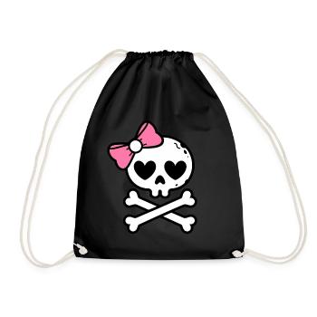 Cute Pink Bow Skull and Crossbones - Drawstring Bag - black - Front