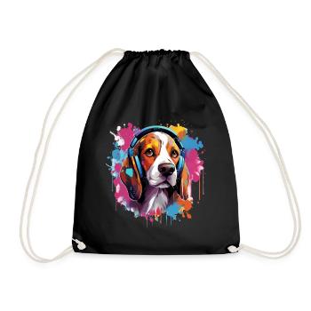 Bunter Beagle mit Kopfhörer Farbspritzer - Turnbeutel - Schwarz - Vorne