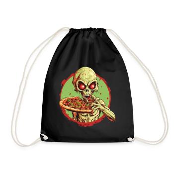 Green Alien with Pizza: Halloween Fast Food Fun - Drawstring Bag - black - Front