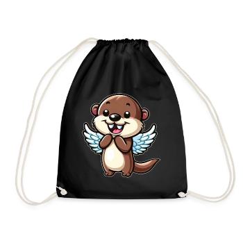 Cute Otter Water Rat Cartoon Angel with Wings - Drawstring Bag - black - Front