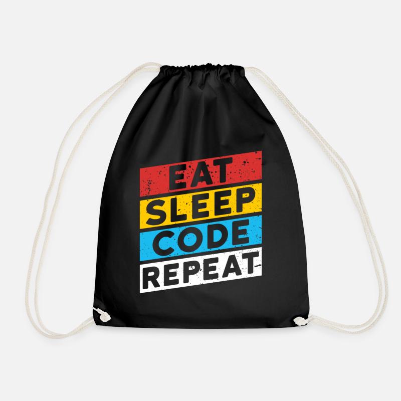 CODE CODER CODING Saying | EAT SLEEP CODE REPEAT - Drawstring Bag - black