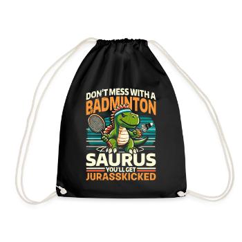 Lustiger Badminton Saurus – Kinder, Jugendliche - Turnbeutel - Schwarz - Vorne