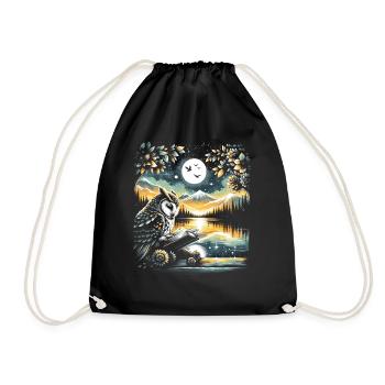 Owl Reading Book – Full Moon Seascape - Drawstring Bag - black - Front