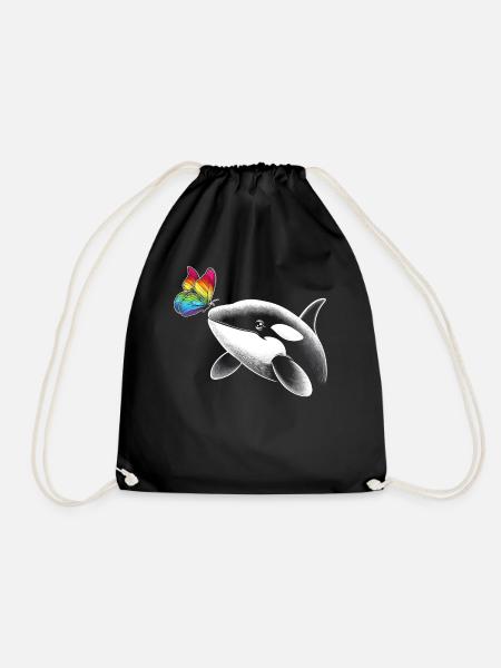 Orca Wal Schmetterlinge Tier Blumen Illustration - Turnbeutel - Schwarz