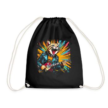 Rock Music Cat Funny Humor Gift Idea - Drawstring Bag - black - Front
