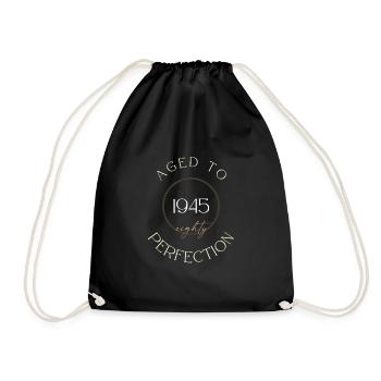 80. Geburtstag, aged to perfection 1945, Geschenk - Turnbeutel - Schwarz - Vorne