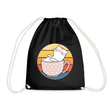Lustiges süßes Kawaii Katzengesicht Retro Sonnenuntergang - Turnbeutel - Schwarz - Vorne