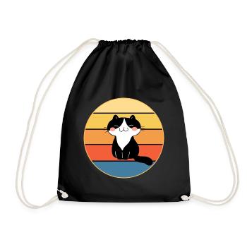 Lustiges süßes Kawaii Katzengesicht Retro Sonnenuntergang - Turnbeutel - Schwarz - Vorne