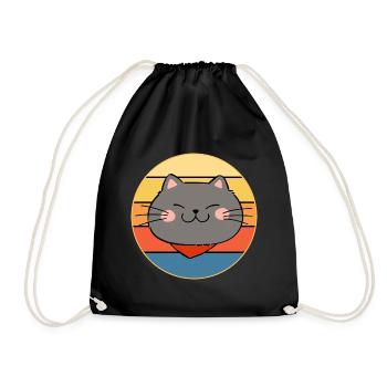 Lustiges süßes Kawaii Katzengesicht Retro Sonnenuntergang - Turnbeutel - Schwarz - Vorne