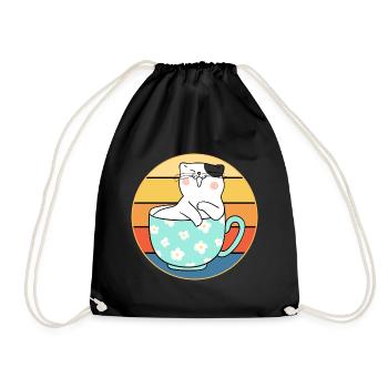 Lustiges süßes Kawaii Katzengesicht Retro Sonnenuntergang - Turnbeutel - Schwarz - Vorne