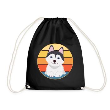 Funny Kawaii Cute Husky Dog Vintage Retro Sunset - Drawstring Bag - black - Front