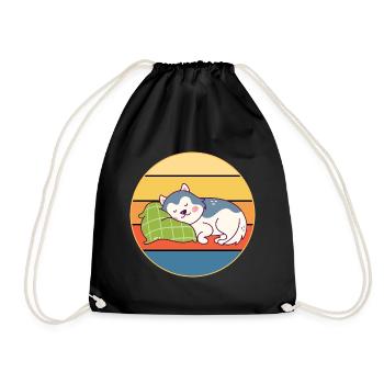 Funny Kawaii Cute Husky Dog Vintage Retro Sunset - Drawstring Bag - black - Front