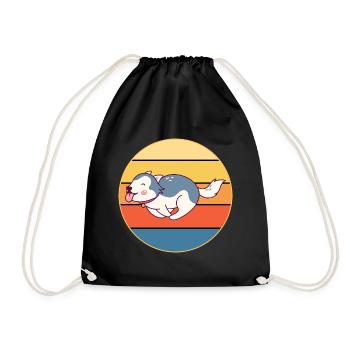 Funny Kawaii Cute Husky Dog Vintage Retro Sunset - Drawstring Bag - black - Front