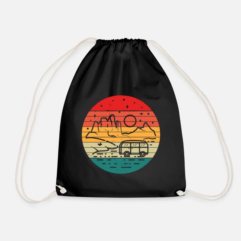 Retro Camper Bus Caravan Vintage Camper Graphic - Drawstring Bag - black