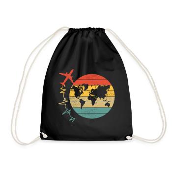 Airplane Pilot Flyer World Map Heartbeat Travel - Drawstring Bag - black - Front