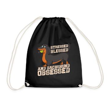 Stressed Blessed & Dachshund Obsessed Weiner Dog - Drawstring Bag - black - Front