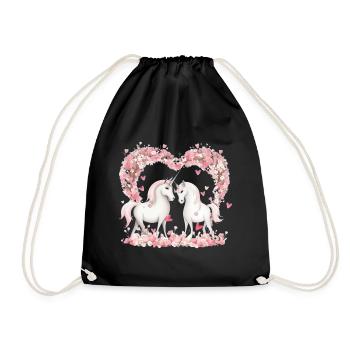 Niedlilches Einhorn Paar mit Blumenherz - Turnbeutel - Schwarz - Vorne