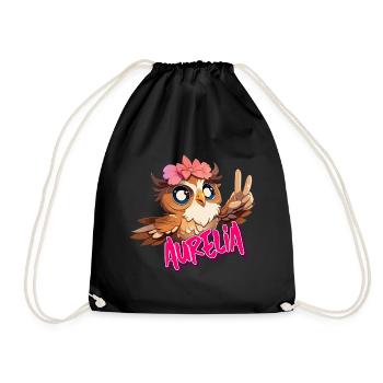 AURELIA - Beautiful Girl Name with Cute OWL - Drawstring Bag - black - Front