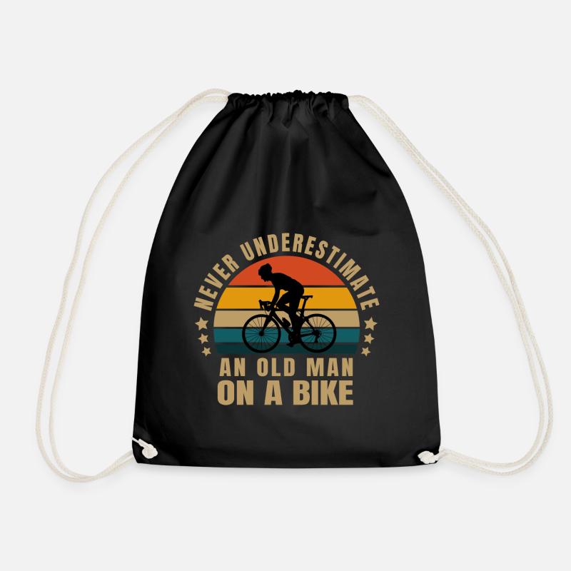 never underestimate an old man on a bike - Drawstring Bag - black