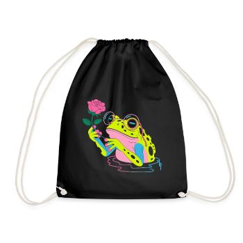 Blumenfrosch - süßer Frosch Aufkleber - Turnbeutel - Schwarz - Vorne