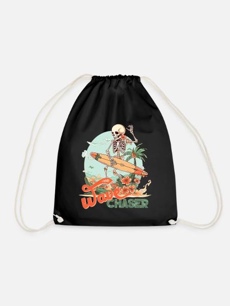 Retro surfing skeleton - Drawstring Bag - black