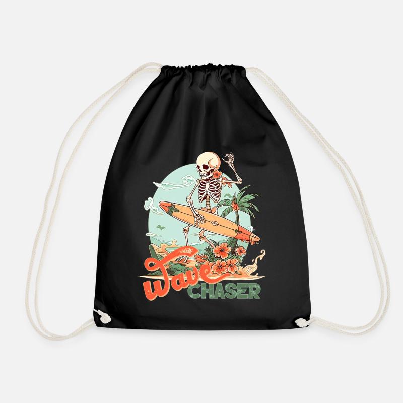 Retro surfing skeleton - Drawstring Bag - black