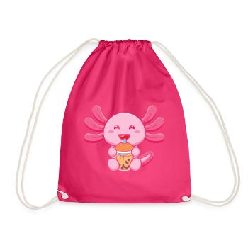 Bubble Milk Tea Axolotl Drinking Boba Tea - Drawstring Bag - fuchsia - Front