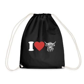 I Love Highland Cattle - Heart - Cow - Cattle Breeding - Drawstring Bag - black - Front