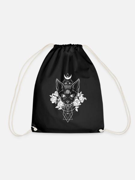 Occult Geometry Wicca Witches Pentagram Satan Cat - Drawstring Bag - black