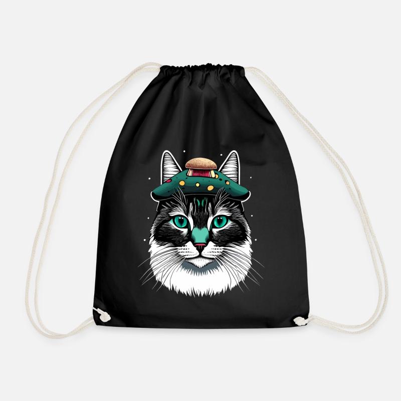cottagecore aesthetic cats mushroom gift - Drawstring Bag - black